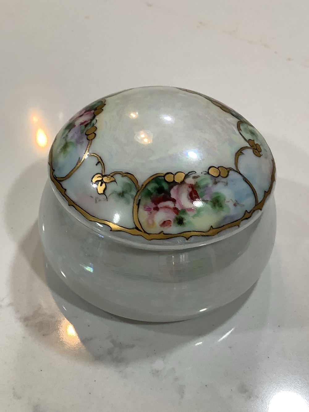 White Porcelain Floral Trinket Box with Gold Trim